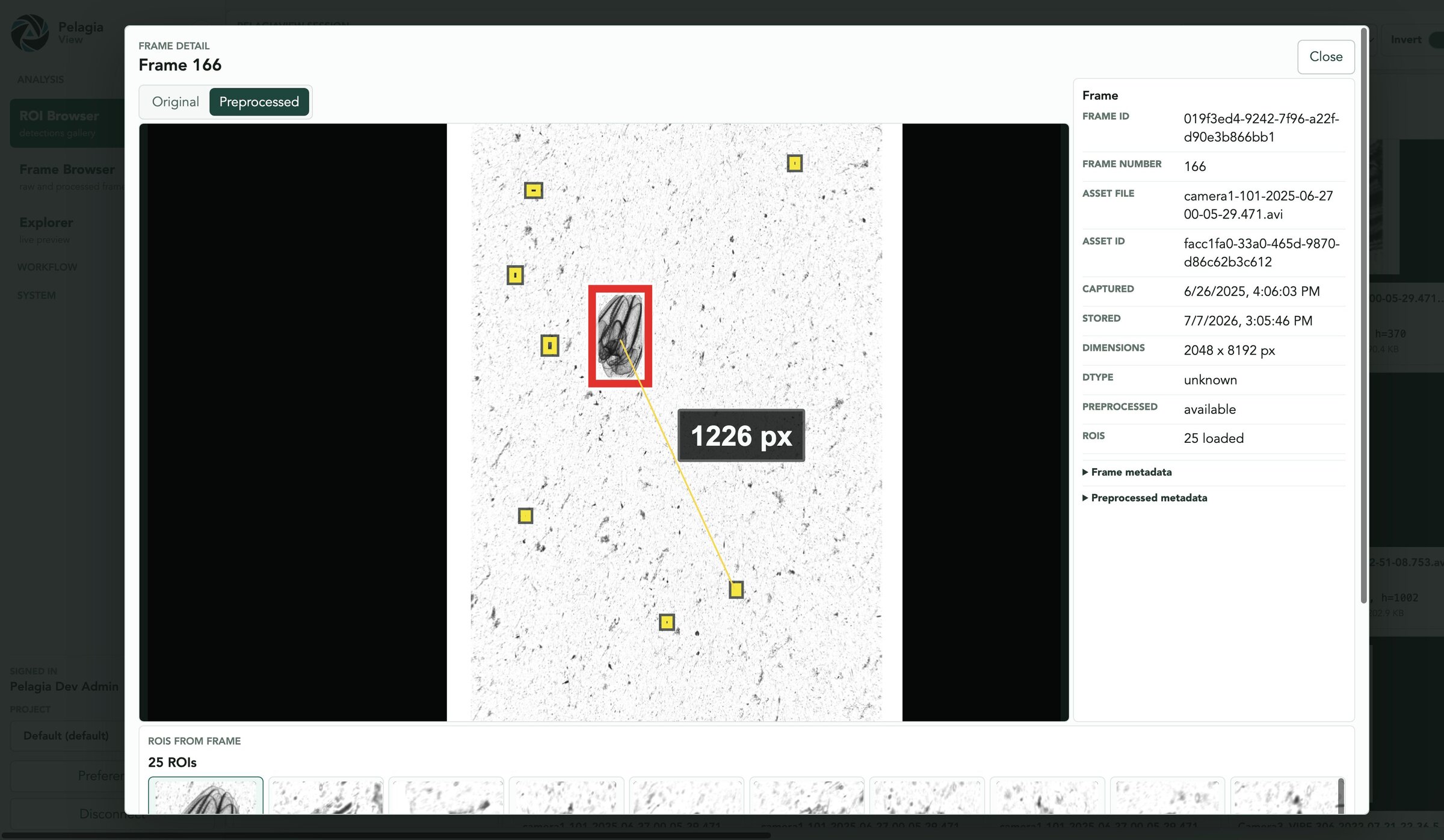 PelagiaView frame inspection showing detections overlaid on a source frame with frame metadata.